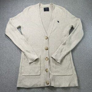 Abercrombie & Fitch Women's S Long Knit Cardigan Cream Button Moose Logo Y2K